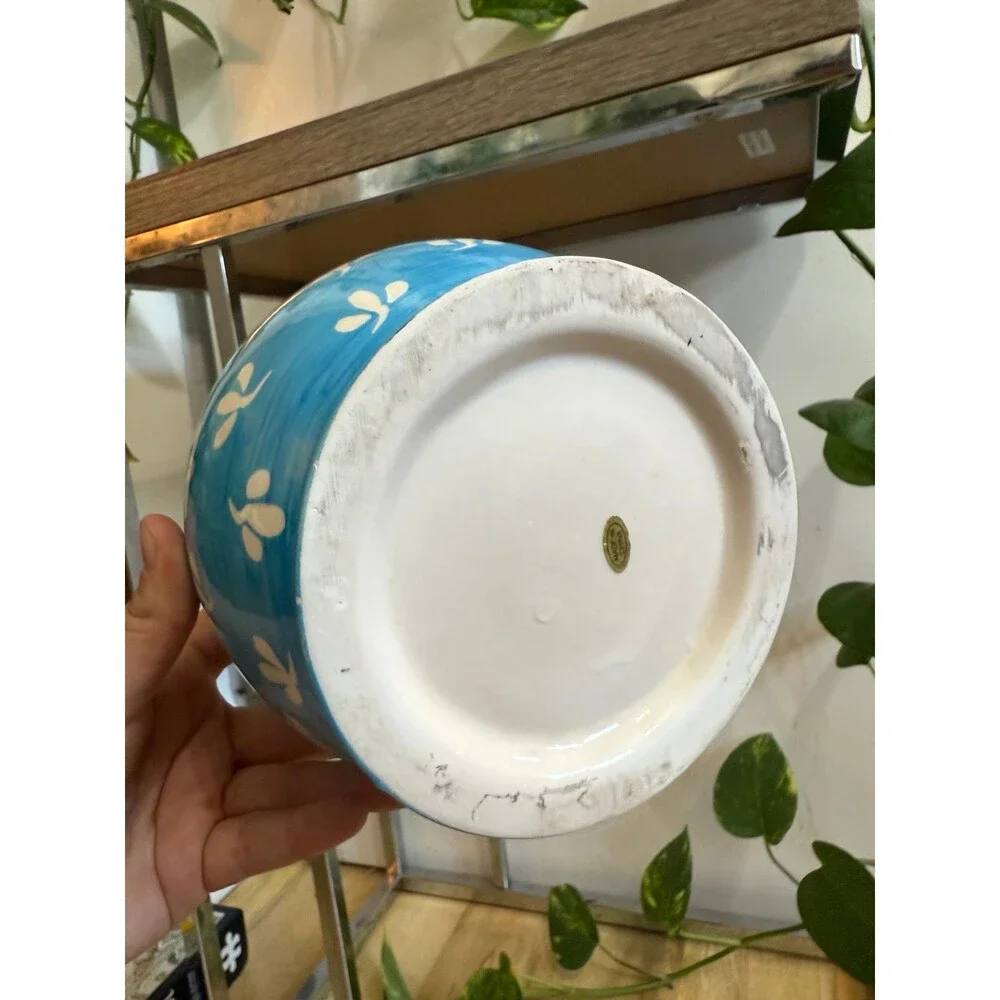 Blue Ceramic Bowl with White Floral Pattern